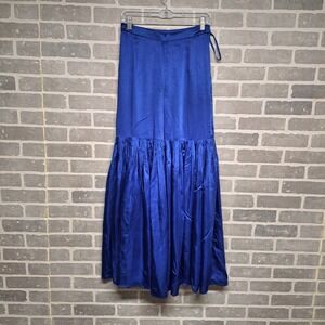 Sani Blue Satin Wide Leg Palazzo Pants Flare Tiered Ruffle Boho Size Medium